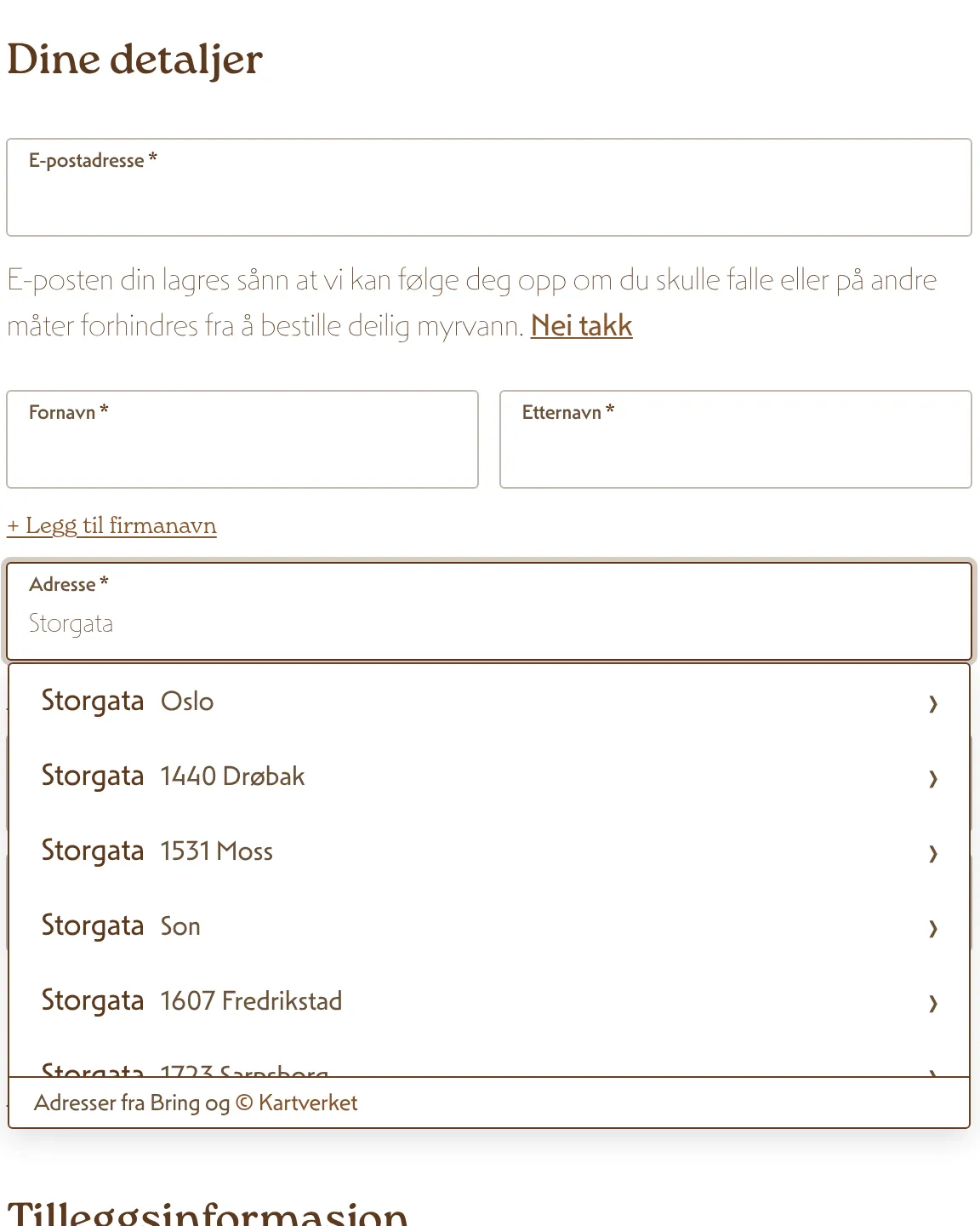Gateforslag for «Storgata» med postnummer og sted.