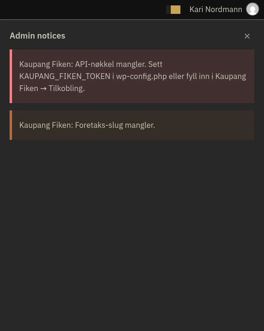 Varselskuffen samler adminvarsler i ett panel.