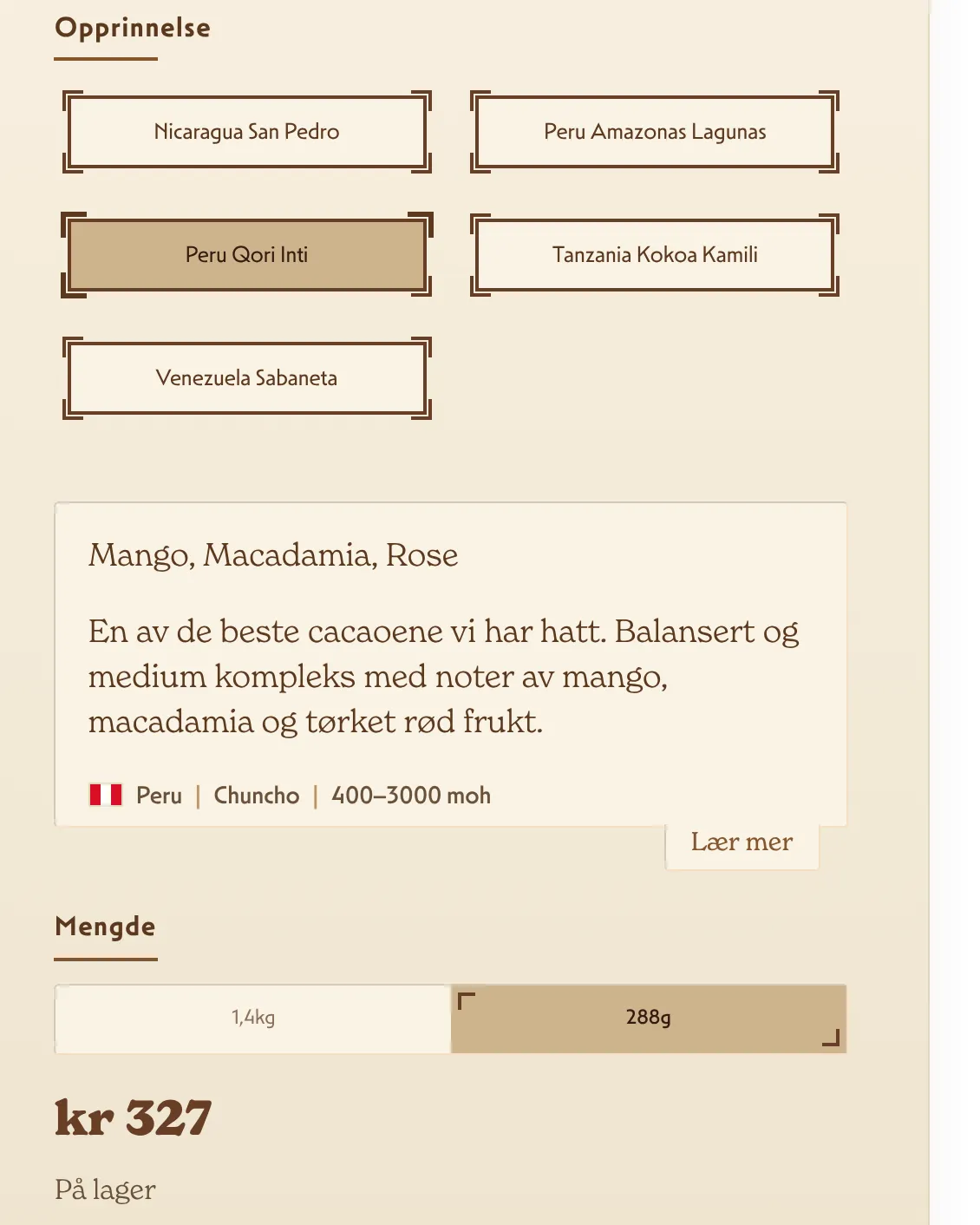 Valg av opprinnelse på produktsiden, med et kort om smak, land og høyde.