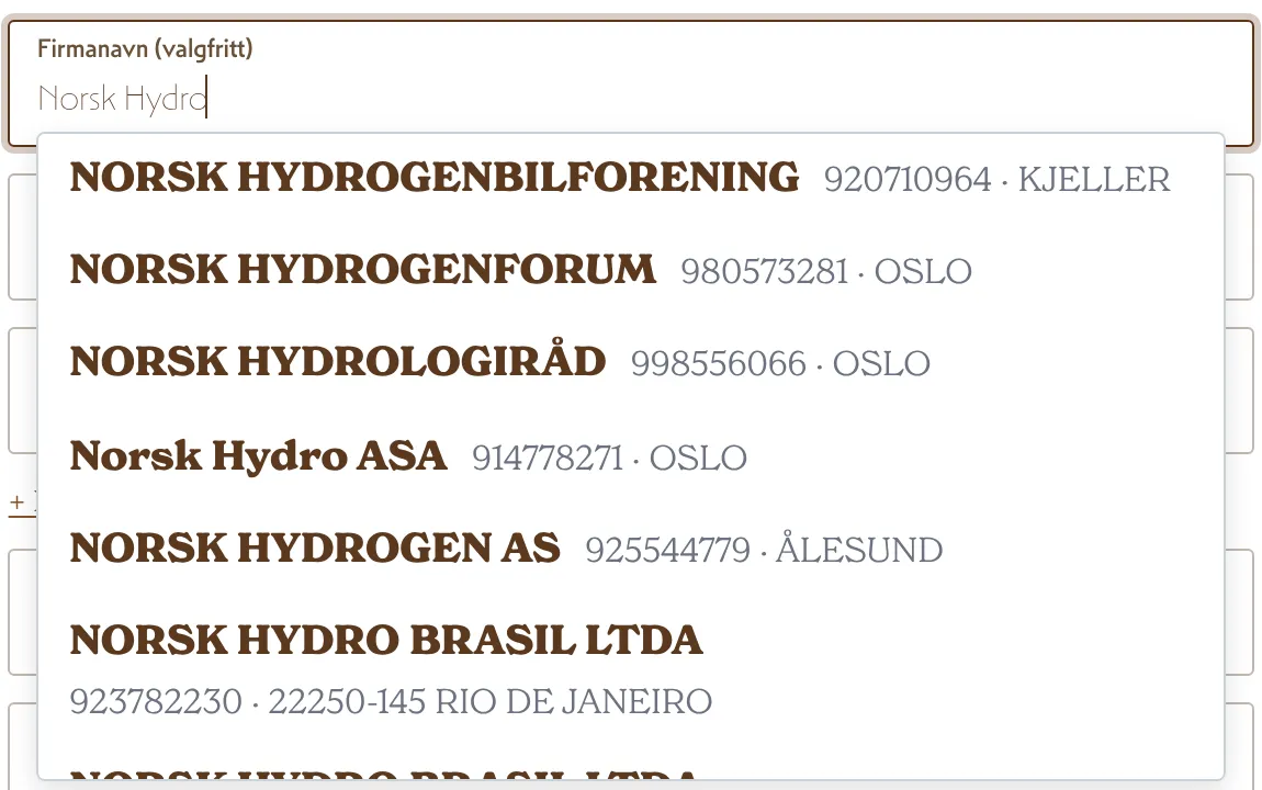 Forslag fra Brønnøysundregistrene med organisasjonsnummer.