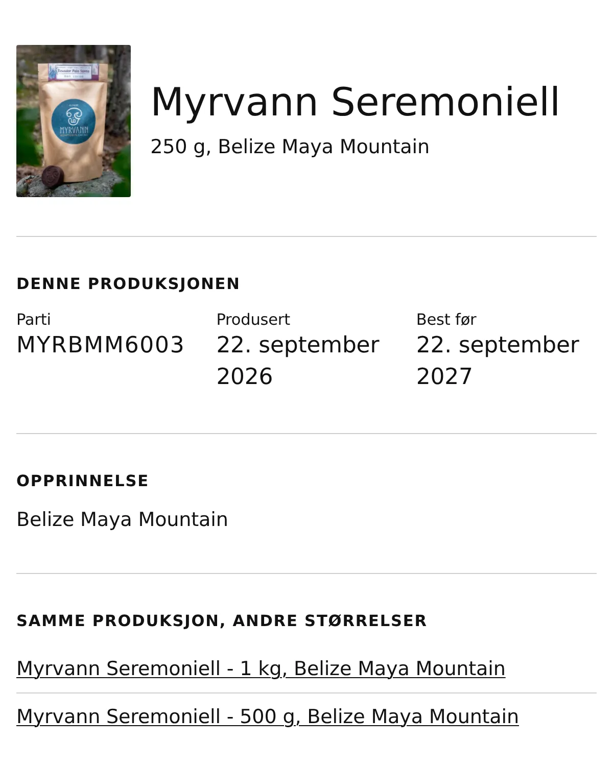Den offentlige batchsiden kunden kommer til når de skanner QR-koden, med parti, produksjonsdato og opprinnelse.