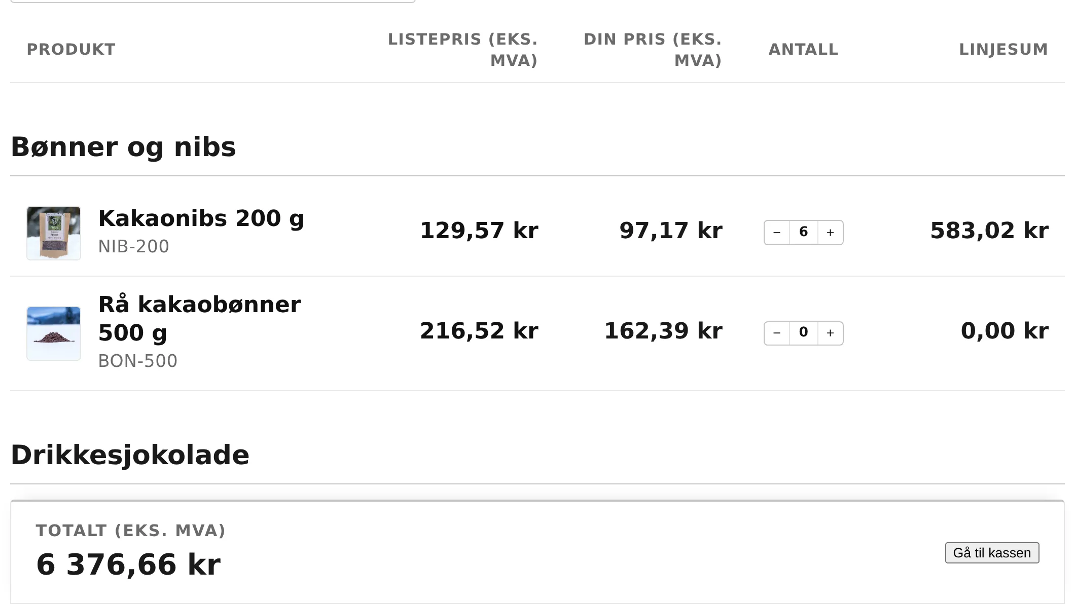 Hurtigbestilling for en forhandler med listepris, egen pris, antall og løpende total.